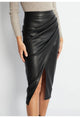 Women Leather Skirt Midi High Waist Elegant Autumn Zipper PU Front Slit Skirts Ladies Black Faux Leather Folded Skirt For Women