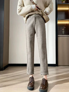 High-waisted Tweed Straight Pants 2024 Autumn/Winter New Women' S Pants Loose Casual Herringbone Warm Thickened Cropped Pants