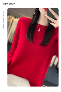 New autumn and winter 100% Merino pure color O-neck cashmere sweater women's casual knitted top pullover