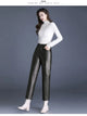 ZUZK Women PU Leather Pencil Pants High Quality Autumn Winter Elastic Waist Warm Ankle-Length Pants Elegant Leather Trousers