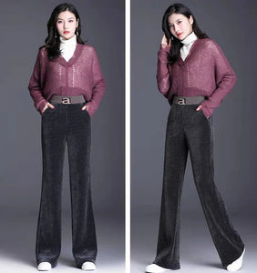 Rimocy Elastic Waist Corduroy Pants Women Autumn Winter Straight Velvet Pants Woman 2022 Pocket Loose Casual Trousers Ladies