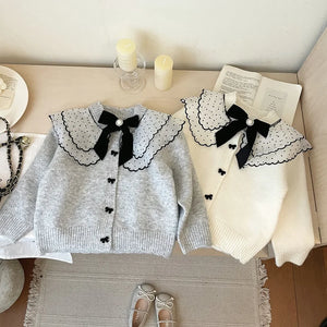 4607 Buy 2pcs Wholesale Girls Sweater 2024 Autumn Winter Korean Baby Girl's Knitted Sweater Bow Cardigan Coat