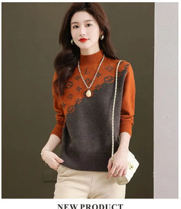 Half Turtleneck Sweater for Women Autumn Winter 2024 New Mother's Wear with Jacquard Casual Loose Pullover Top Bottoming