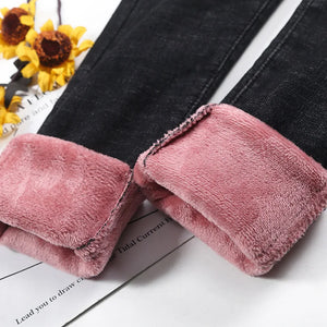 2023 Women Thermal Jeans Winter Snow Warm Plush Stretch Jeans Lady Skinny Thicken Fleece Denim Long Pants Retro Pencil Trousers