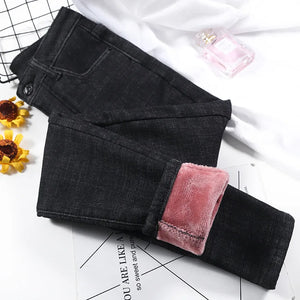 2023 Women Thermal Jeans Winter Snow Warm Plush Stretch Jeans Lady Skinny Thicken Fleece Denim Long Pants Retro Pencil Trousers