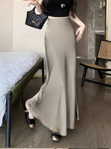 Women's Long Skirt Summer Silk High Waisted Satin Skirt 2024 Slim Fashion Korean Solid Champagne Black Midi Skirts for Women