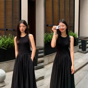 TKNOLEGE Summer New Round Neck SleevelessHigh Waist Temperament Female Fashion Style Dress Simple Elegant Black Long Dresses