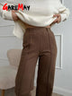 Women's Winter Pants Thick Warm Loose Classic Long Wide Leg Trousers Thermal Brown Beige Wool Long Pants for Women 2024