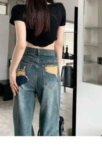 Wide Leg Jeans For Women High Waisted Contrasting Straight Leg Pant Autumn lady Loose Pants Streetwear