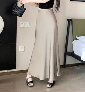 Women's Long Skirt Summer Silk High Waisted Satin Skirt 2024 Slim Fashion Korean Solid Champagne Black Midi Skirts for Women