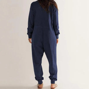 Women Jumpsuit V Neck Long Sleeve Loose Oversized Pockets Deep Crotch Baggy Ankle-banded Soft Lady Pajama