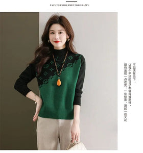 Half Turtleneck Sweater for Women Autumn Winter 2024 New Mother's Wear with Jacquard Casual Loose Pullover Top Bottoming