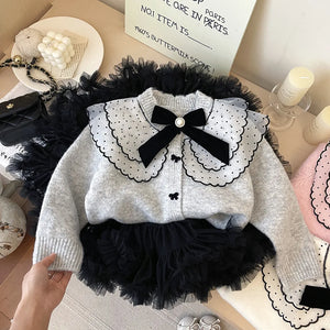 4607 Buy 2pcs Wholesale Girls Sweater 2024 Autumn Winter Korean Baby Girl's Knitted Sweater Bow Cardigan Coat