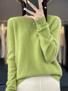 New autumn and winter 100% Merino pure color O-neck cashmere sweater women's casual knitted top pullover