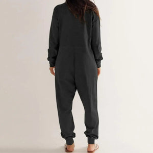 Women Jumpsuit V Neck Long Sleeve Loose Oversized Pockets Deep Crotch Baggy Ankle-banded Soft Lady Pajama