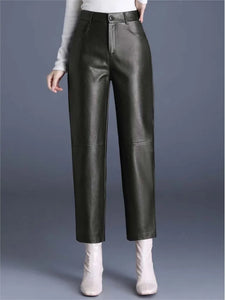 ZUZK Women PU Leather Pencil Pants High Quality Autumn Winter Elastic Waist Warm Ankle-Length Pants Elegant Leather Trousers