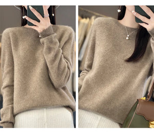 New autumn and winter 100% Merino pure color O-neck cashmere sweater women's casual knitted top pullover