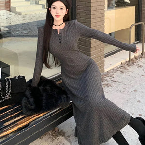 Elegant Slim High Waist Knit Dresses Women Autumn Winter Long Sleeve Thick Warm Long Dress Ladies Vintage Streetwear Vestidos