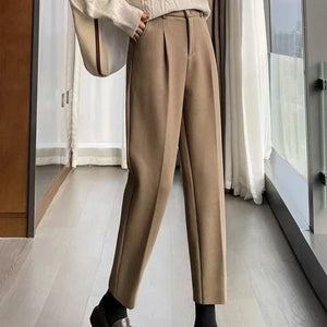 Fashion Thick Woolen Pants Women Autumn Winter Elegant High Waist Trouser Female Casual Fleece Nine-point Black Suit Pants New