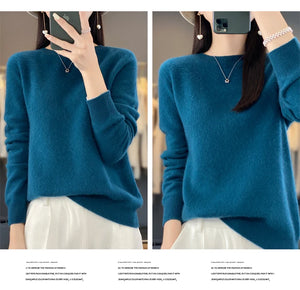 New autumn and winter 100% Merino pure color O-neck cashmere sweater women's casual knitted top pullover