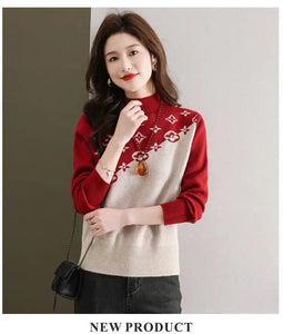 Half Turtleneck Sweater for Women Autumn Winter 2024 New Mother's Wear with Jacquard Casual Loose Pullover Top Bottoming