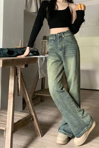 Vintage 90S Baggy Straight Denim Trousers Female Y2K High Waist Loose Wide Leg Jeans Women Streetwear All-Match Casual Pants New