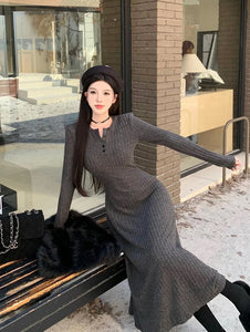 Elegant Slim High Waist Knit Dresses Women Autumn Winter Long Sleeve Thick Warm Long Dress Ladies Vintage Streetwear Vestidos