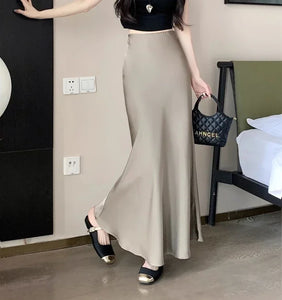 Women's Long Skirt Summer Silk High Waisted Satin Skirt 2024 Slim Fashion Korean Solid Champagne Black Midi Skirts for Women