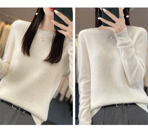 New autumn and winter 100% Merino pure color O-neck cashmere sweater women's casual knitted top pullover