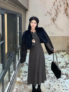 Elegant Slim High Waist Knit Dresses Women Autumn Winter Long Sleeve Thick Warm Long Dress Ladies Vintage Streetwear Vestidos