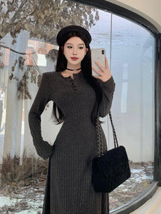 Elegant Slim High Waist Knit Dresses Women Autumn Winter Long Sleeve Thick Warm Long Dress Ladies Vintage Streetwear Vestidos