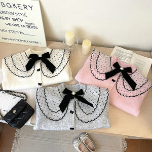 4607 Buy 2pcs Wholesale Girls Sweater 2024 Autumn Winter Korean Baby Girl's Knitted Sweater Bow Cardigan Coat