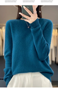 New autumn and winter 100% Merino pure color O-neck cashmere sweater women's casual knitted top pullover