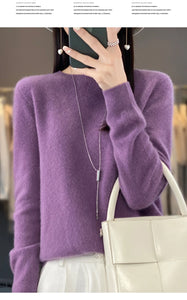 New autumn and winter 100% Merino pure color O-neck cashmere sweater women's casual knitted top pullover