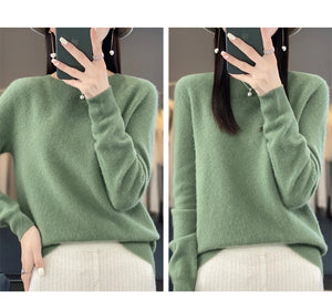 New autumn and winter 100% Merino pure color O-neck cashmere sweater women's casual knitted top pullover