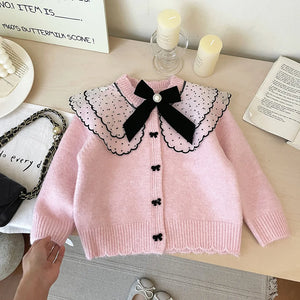 4607 Buy 2pcs Wholesale Girls Sweater 2024 Autumn Winter Korean Baby Girl's Knitted Sweater Bow Cardigan Coat