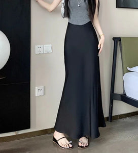 Women's Long Skirt Summer Silk High Waisted Satin Skirt 2024 Slim Fashion Korean Solid Champagne Black Midi Skirts for Women