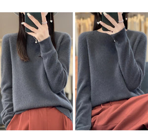 New autumn and winter 100% Merino pure color O-neck cashmere sweater women's casual knitted top pullover