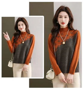 Half Turtleneck Sweater for Women Autumn Winter 2024 New Mother's Wear with Jacquard Casual Loose Pullover Top Bottoming