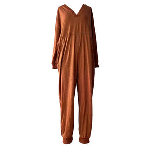 Women Jumpsuit V Neck Long Sleeve Loose Oversized Pockets Deep Crotch Baggy Ankle-banded Soft Lady Pajama