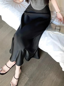 Women's Long Skirt Summer Silk High Waisted Satin Skirt 2024 Slim Fashion Korean Solid Champagne Black Midi Skirts for Women