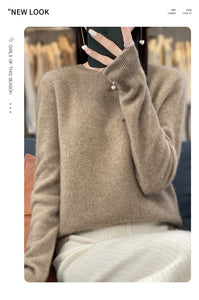 New autumn and winter 100% Merino pure color O-neck cashmere sweater women's casual knitted top pullover