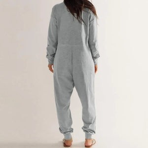 Women Jumpsuit V Neck Long Sleeve Loose Oversized Pockets Deep Crotch Baggy Ankle-banded Soft Lady Pajama