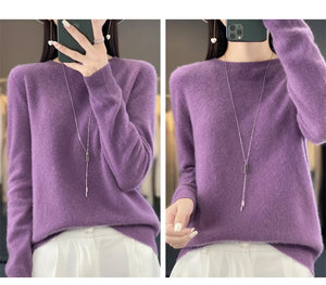 New autumn and winter 100% Merino pure color O-neck cashmere sweater women's casual knitted top pullover