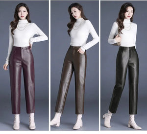 ZUZK Women PU Leather Pencil Pants High Quality Autumn Winter Elastic Waist Warm Ankle-Length Pants Elegant Leather Trousers