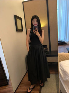 TKNOLEGE Summer New Round Neck SleevelessHigh Waist Temperament Female Fashion Style Dress Simple Elegant Black Long Dresses