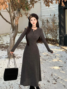 Elegant Slim High Waist Knit Dresses Women Autumn Winter Long Sleeve Thick Warm Long Dress Ladies Vintage Streetwear Vestidos