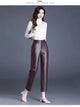 ZUZK Women PU Leather Pencil Pants High Quality Autumn Winter Elastic Waist Warm Ankle-Length Pants Elegant Leather Trousers