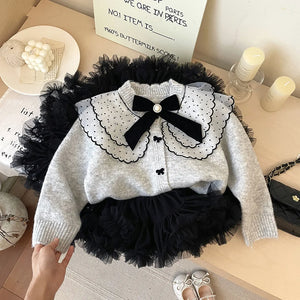 4607 Buy 2pcs Wholesale Girls Sweater 2024 Autumn Winter Korean Baby Girl's Knitted Sweater Bow Cardigan Coat