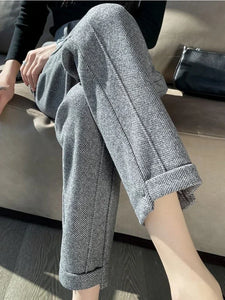 High-waisted Tweed Straight Pants 2024 Autumn/Winter New Women' S Pants Loose Casual Herringbone Warm Thickened Cropped Pants